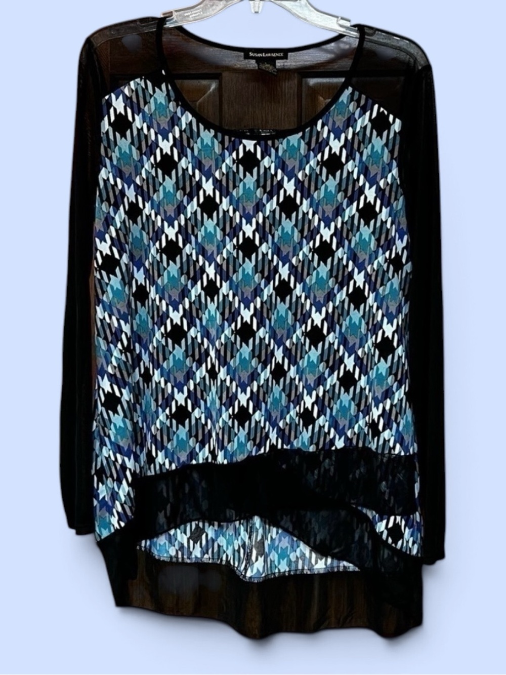 Susan Lawrence Geometric Print Sheer Mesh Hi-Low Tunic Top Size L